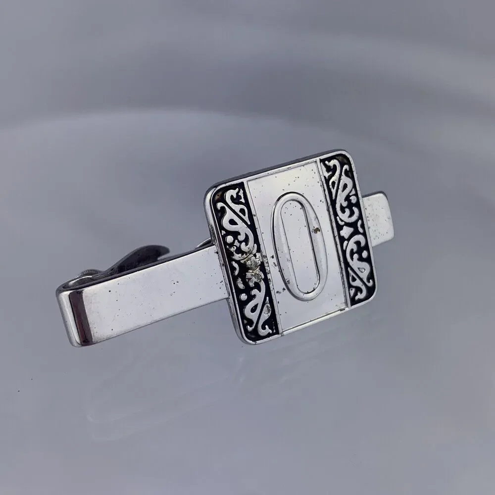 O Initial White Gold Plated Tie Clip Bar Swoops Scrolls Swank Vintage